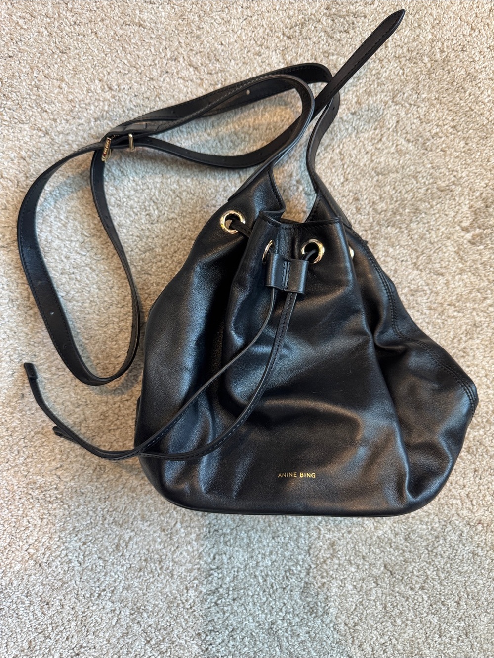 Anine Bing Small Black Leather Drawstring Crossbody Bucket Bag